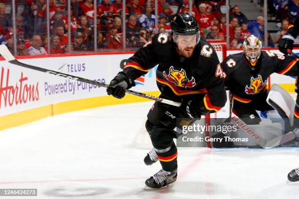 Rasmus Andersson of the Calgary Flames skates against the Tampa Bay Lightning at Scotiabank Saddledome on January 21, 2023 in Calgary, Alberta.