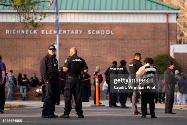 Police respond to a shooting that injured a teacher at Richneck Elementary in Newport News, Virginia, on Jan. 6, 2023.