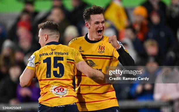 Belfast , United Kingdom - 21 January 2023; Billy Burns, right, and Mike Lowry of Ulster celebrate their victory in the Heineken Champions Cup Pool B...