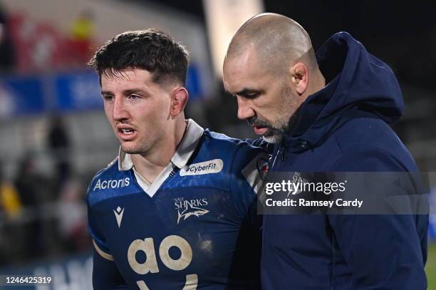 Belfast , United Kingdom - 21 January 2023; Sale Sharks Director of Rugby Alex Sanderson, right, and Sale Sharks captain Ben Curry after their side's...