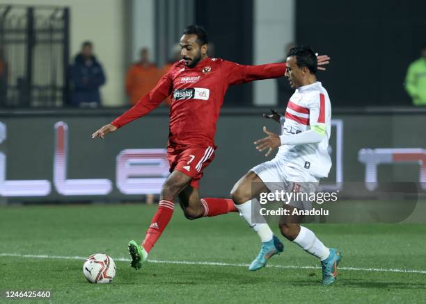 Mohamed Abdel Shafy of Zamalek in action against Kahraba of Al Ahly during the Egyptian Super Cup match between Zamalek and Al Ahly at Cairo...