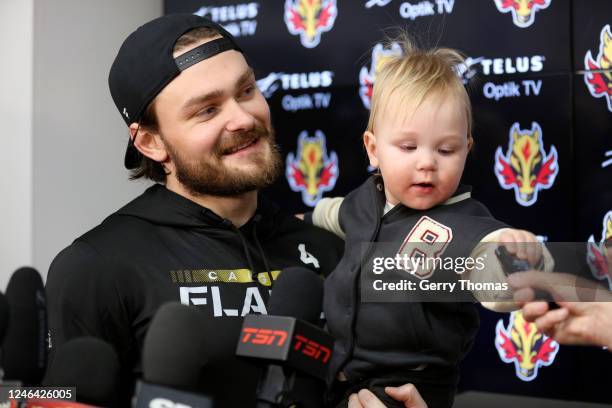 Rasmus Andersson of the Calgary Flames addresses the media after the game against the Tampa Bay Lightning at Scotiabank Saddledome on January 21,...