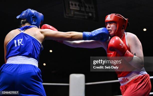 Dublin , Ireland - 21 January 2023; Christina Desmond of Dungarvan and Garda Boxing Clubs, left, and Tiffany OReilly of Portlaoise and Defence Forces...