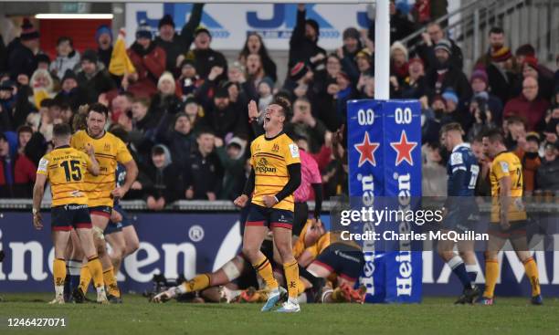 Billy Burns of Ulster celebrates his sides game winning try during the Heineken Champions Cup round 4 match between Ulster and Sale Sharks at...