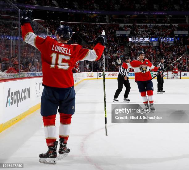 Anton Lundell of the Florida Panthers celebrates his goal during the first period against the Minnesota Wild at the FLA Live Arena on January 21,...