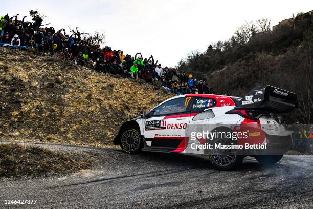 Sebastien Ogier of France and Vincent Landais of France compete with the Toyota Gazoo Racing WRT Toyota GR Yaris Rally1 Hybrid during Day Three of...