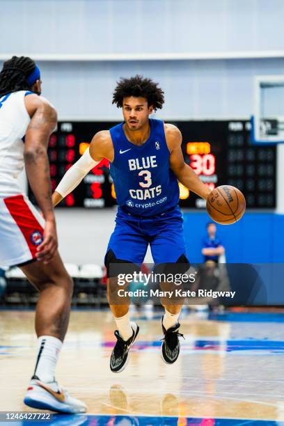 Justin Smith of the Delaware Blue Coats handles the ball against the Long Island Nets on January 21, 2023 at Chase Fieldhouse in Wilmington,...