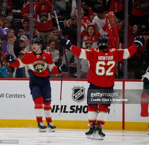 Brandon Montour of the Florida Panthers celebrates his goal during the second period against the Minnesota Wild at the FLA Live Arena on January 21,...