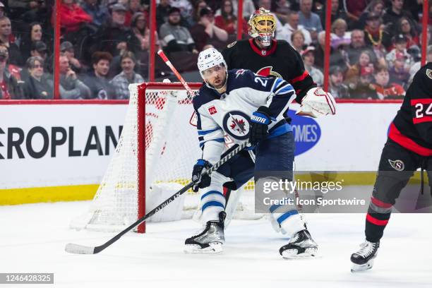 Winnipeg Jets Right Wing Blake Wheeler skates in front of Ottawa Senators Goalie Anton Forsberg during first period National Hockey League action...