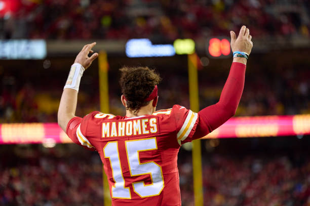 Patrick Mahomes of the Kansas City Chiefs celebrates after a play against the Jacksonville Jaguars during the second half at GEHA Field at Arrowhead...