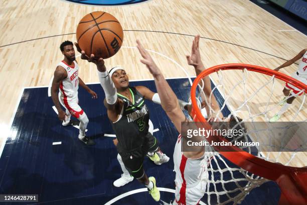 Jaden McDaniels of the Minnesota Timberwolves drives to the basket during the game against the Houston Rockets on January 21, 2023 at Target Center...