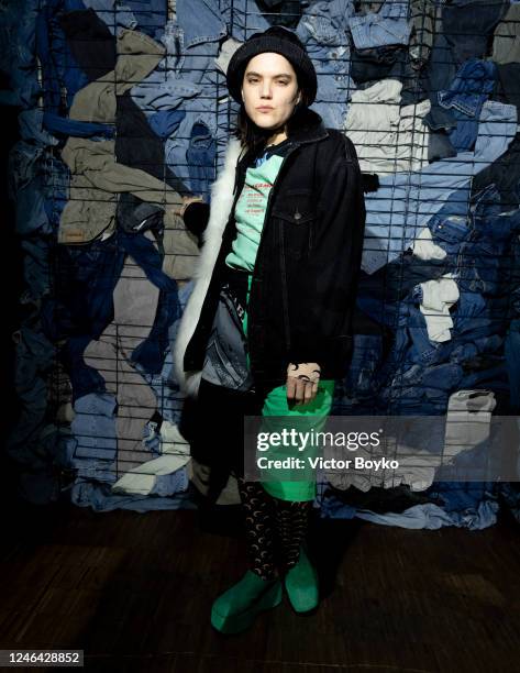 Soko attends the Marine Serre Menswear Fall-Winter 2023-2024 show as part of Paris Fashion Week on January 21, 2023 in Paris, France.