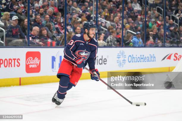 Columbus Blue Jackets Left Wing Johnny Gaudreau skates with the puck during the NHL game between the Columbus Blue Jackets and the San Jose Sharks on...