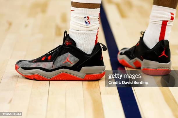 Detailed view of the Air Jordan sneakers worn by Josh Christopher of the Houston Rockets against the Minnesota Timberwolves in the second quarter of...