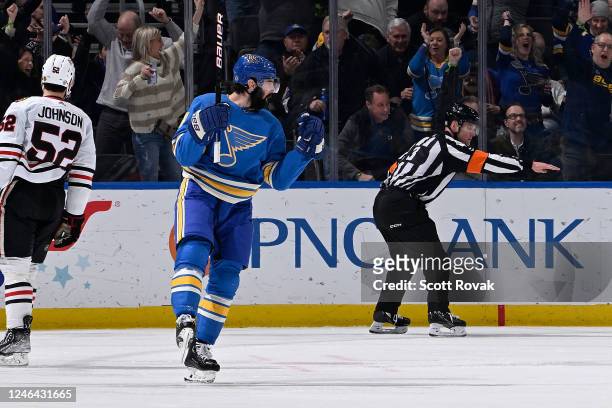 Nick Leddy of the St. Louis Blues celebrates his goal against the Chicago Blackhawks at the Enterprise Center on January 21, 2023 in St. Louis,...