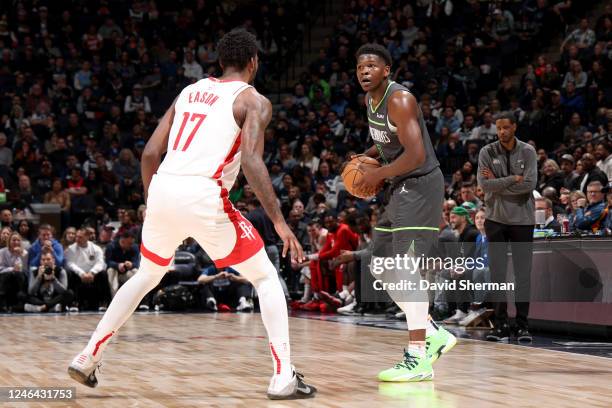 Anthony Edwards of the Minnesota Timberwolves handles the ball against the Houston Rockets on January 21, 2023 at Target Center in Minneapolis,...