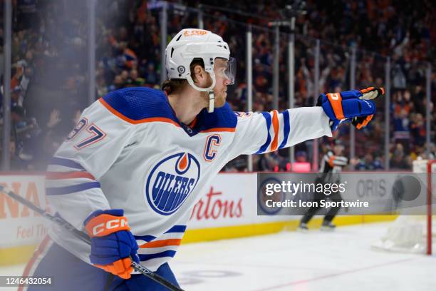 Edmonton Oilers center Connor McDavid celebrates after scoring a goal during their NHL game against the Vancouver Canucks at Rogers Arena on January...