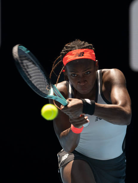 Coco Gauff of the United States plays a backhand during the fourth round singles match against Jelena Ostapenko of Latvia during the United States...