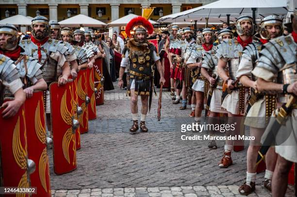 Roman legionnaires are seen during a parade through the center of Madrid as part of a sample of "Arde Lucus", a historical recreation festival that...
