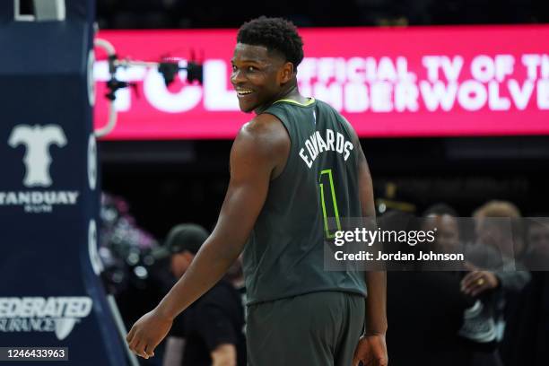 Anthony Edwards of the Minnesota Timberwolves smiles during the game against the Houston Rockets on January 21, 2023 at Target Center in Minneapolis,...