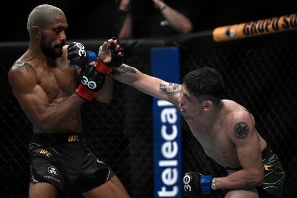 Brazilian Deiveson Figueiredo competes against Mexican Brandon Moreno during their flyweight title bout at the Ultimate Fighting Championship event...