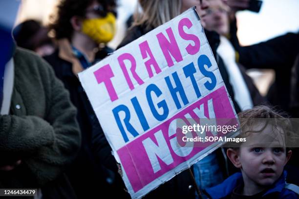 Protestor holds a placard during the Trans Rights Protest. Protests took place in London following the UK Governments blocking of the gender...