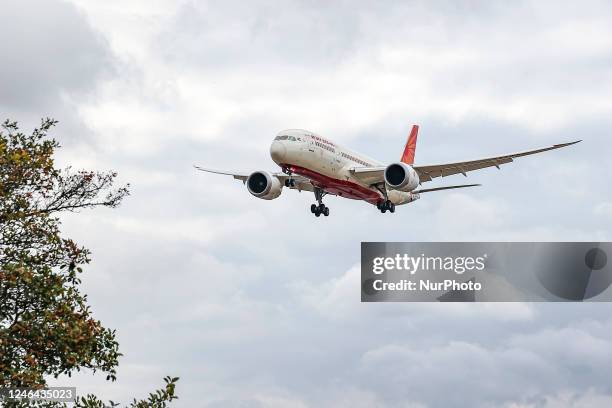 Air India Boeing 787 Dreamliner aircraft as seen on final approach flying for landing at London Heathrow airport during a cloudy day over Myrtle...