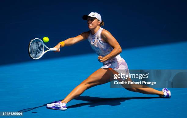 Iga Swiatek of Poland in action against Elena Rybakina of Kazakhstan in her fourth round match on Day 7 of the 2023 Australian Open at Melbourne Park...