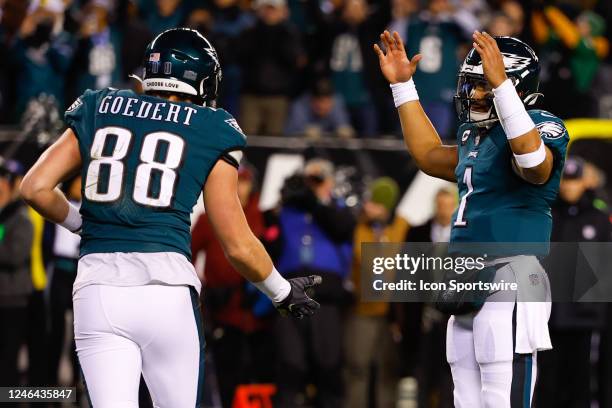 Philadelphia Eagles quarterback Jalen Hurts signals touchdown during the NFC Divisional playoff game between the Philadelphia Eagles and the New York...