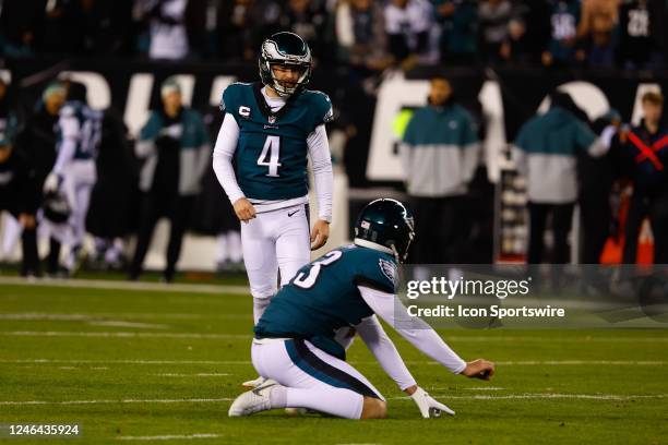 Philadelphia Eagles place kicker Jake Elliott kicks an extra point during the NFC Divisional playoff game between the Philadelphia Eagles and the New...