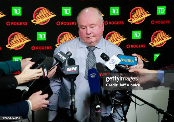 Head coach Bruce Boudreau of the Vancouver Canucks reacts to a question after their NHL game against the Edmonton Oilers at Rogers Arena January 21,...