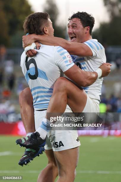 Argentinas Agustin Fraga and Rodrigo Isgro celebrate their win after the men's final between New Zealand and Argentina on day two of the World Rugby...