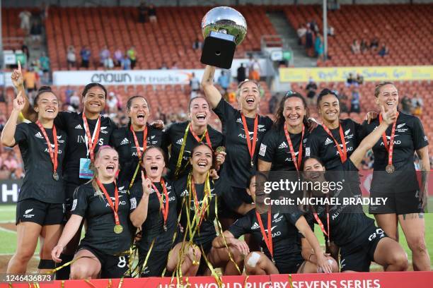 New Zealand's players celebrate winning the women's final between New Zealand and USA on day two of the World Rugby Sevens series at FMG Stadium in...