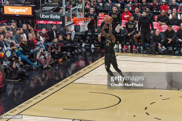 Pascal Siakam of the Toronto Raptors dunks over during the Toronto Raptors v Boston Celtics NBA regular season game at Scotiabank Arena in Toronto