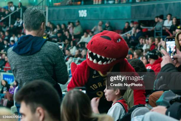 Raptor mascot takes a photo with the fan during the Toronto Raptors v Boston Celtics NBA regular season game at Scotiabank Arena in Toronto