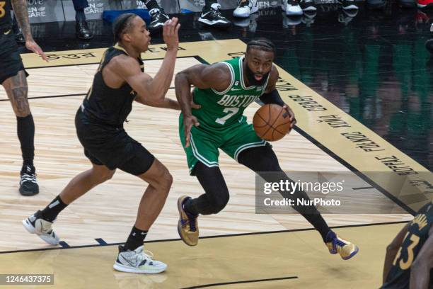 Jaylen Brown of the Boston Celtics tries to move during the Toronto Raptors v Boston Celtics NBA regular season game at Scotiabank Arena in Toronto