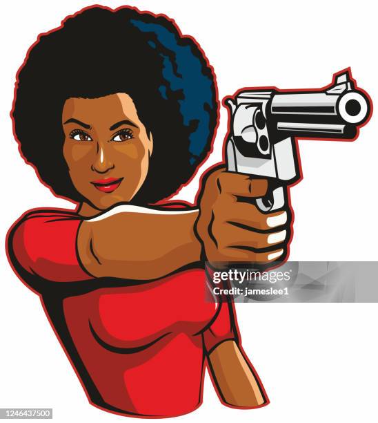 ilustraciones, imágenes clip art, dibujos animados e iconos de stock de mujer con pistola - gun bang
