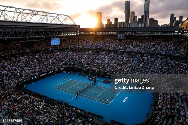 General view of Rod Laver Arena during the fourth round singles match Stefanos Tsitsipas of Greece against Jannik Sinner of Italy during day seven of...