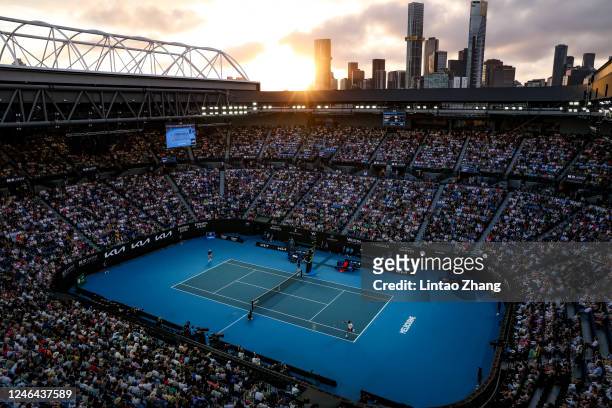 General view of Rod Laver Arena during the fourth round singles match Stefanos Tsitsipas of Greece against Jannik Sinner of Italy during day seven of...
