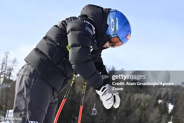 Mikaela Shiffrin of Team United States inspects the course during the FIS Alpine Ski World Cup Women's Super G on January 22, 2023 in Cortina...