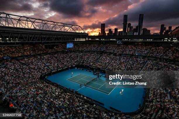 General view of Rod Laver Arena during the fourth round singles match Stefanos Tsitsipas of Greece against Jannik Sinner of Italy during day seven of...