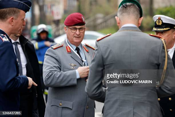 Inspector General of Germany's Armed Forces Bundeswehr, Eberhard Zorn arrives to attend a ceremony as part of the celebration of the 60th anniversary...