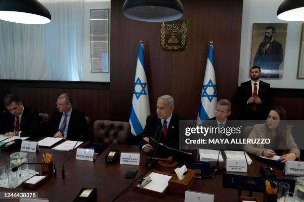 Israels Prime Minister Benjamin Netanyahu chairs the weekly cabinet meeting in Jerusalem, on January 22, 2023. - Israeli Prime Minister Benjamin...
