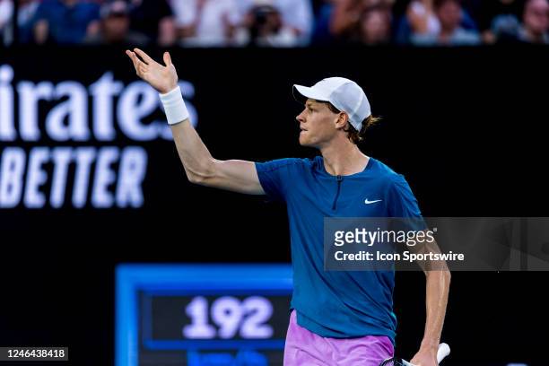 Jannik Sinner of Italy directs the crowd to make more noise after winning a point during Round 4 of the 2023 Australian Open on January 22 2023, at...