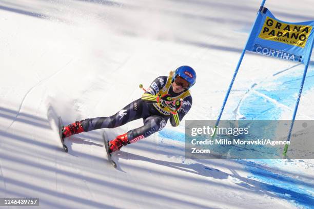 Mikaela Shiffrin of Team United States competes during the FIS Alpine Ski World Cup Women's Super G on January 22, 2023 in Cortina d'Ampezzo, Italy.