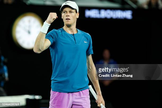 Jannik Sinner of Italy reacts during the fourth round singles match against Stefanos Tsitsipas of Greece during day seven of the 2023 Australian Open...