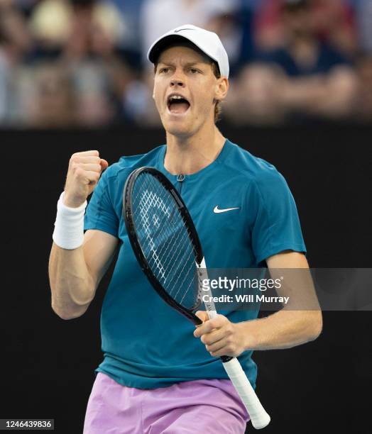 Jannik Sinner of Italy reacts during the fourth round singles match against Stefanos Tsitsipas of Greece during the United States during day seven of...