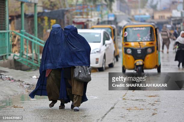Afghan burqa-clad women walk along a street on a rainy day in Jalalabad on January 22, 2023.