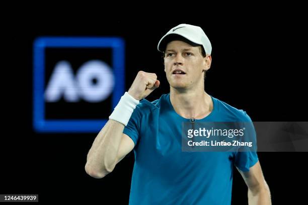 Jannik Sinner of Italy reacts during the fourth round singles match against Stefanos Tsitsipas of Greece during day seven of the 2023 Australian Open...