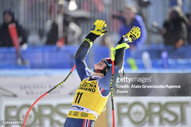 Ragnhild Mowinckel of Team Norway celebrates during the FIS Alpine Ski World Cup Women's Super G on January 22, 2023 in Cortina d'Ampezzo, Italy.